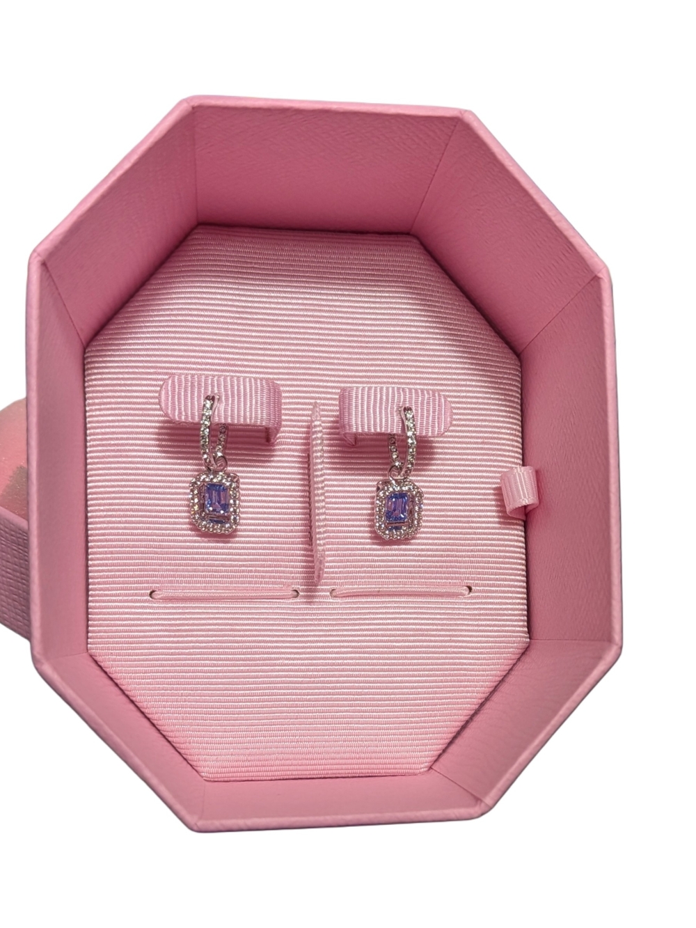 Swarovski Millenia Drop Hoop Earrings Blue Octagon Crystal Silver Tone Box - Picture 2 of 5